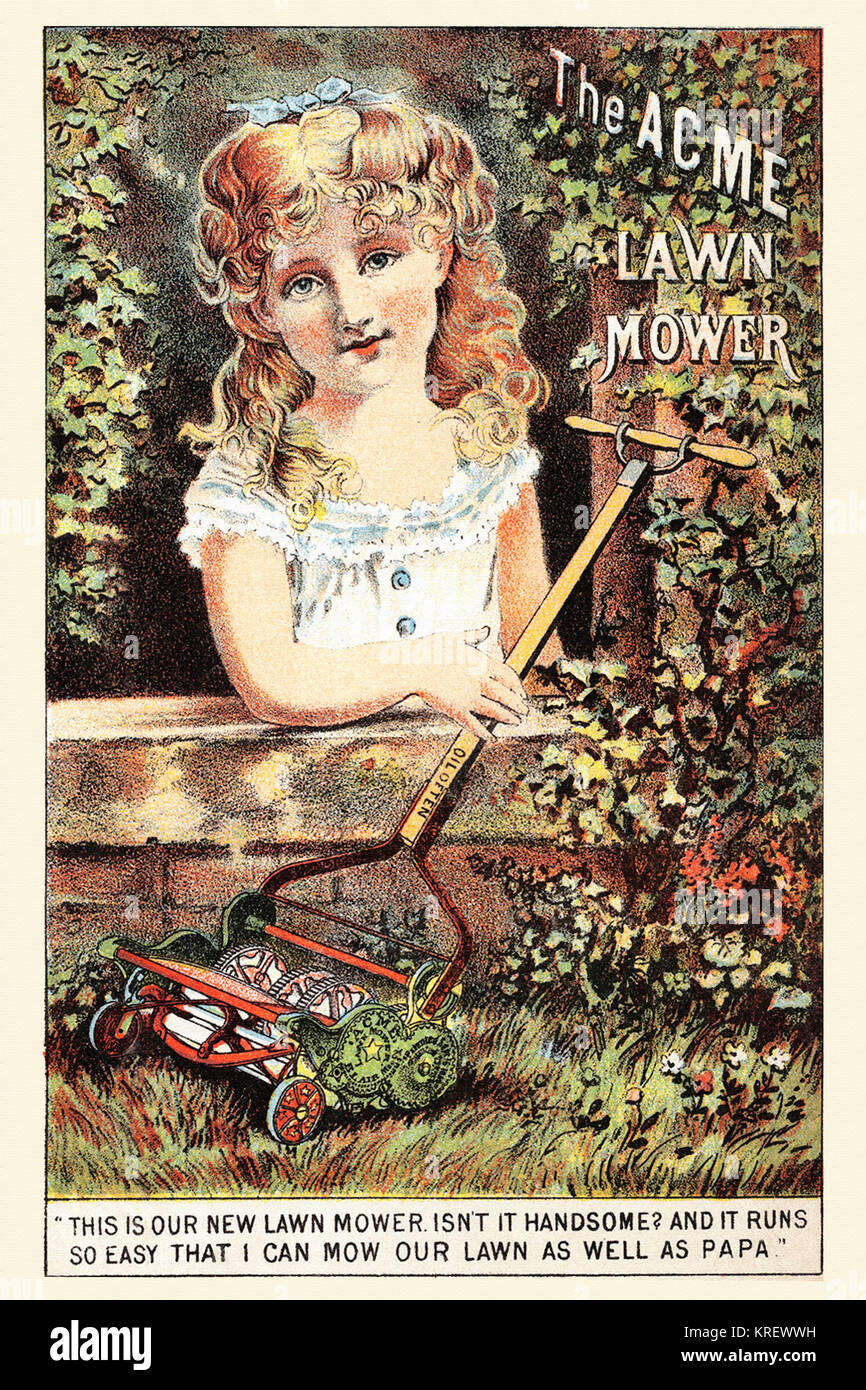 'Victorian Handel Karte für die Acme Rasenmäher. Um zu zeigen, wie einfach es ist, ein Mädchen, "Das ist unsere neue Rasenmäher. Ist es nicht schön? Und es ist so einfach, dass ich unseren Rasen sowie Papa mähen können.''' Stockfoto