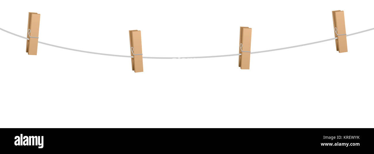Kleidung Pins auf eine Wäscheleine Seil - vier Holzwirbel nichts halten. Stockfoto