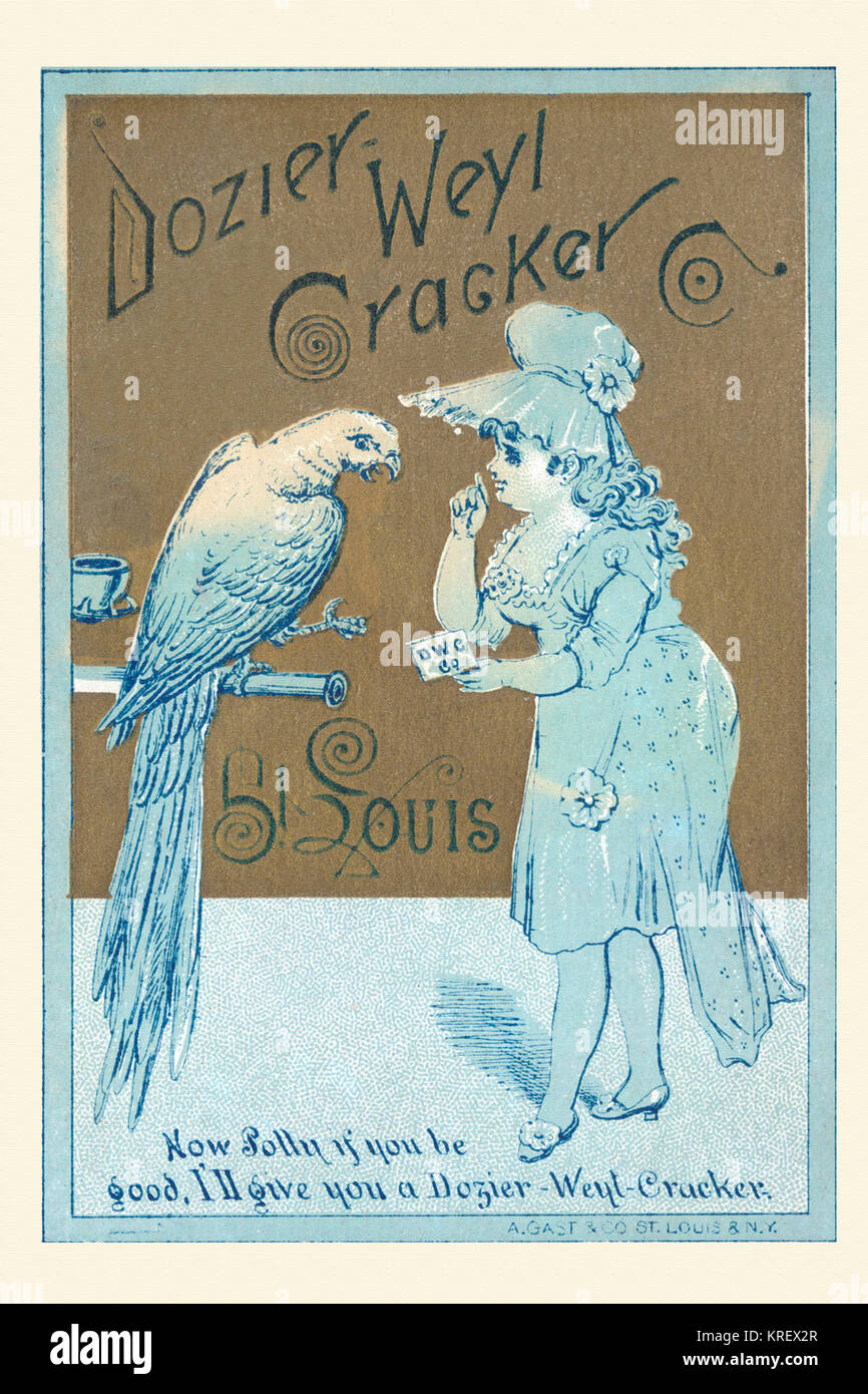'Victorian Handel Karte für Dozier Weyl Cracker. Ein Mädchen feeds Cracker zu einem Papagei. '' Jetzt Polly, wenn Sie gut Ich gebe Dir ein dozier - Weyl Cracker.''' Stockfoto