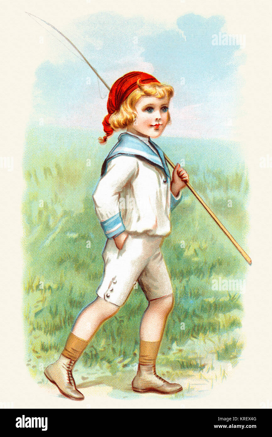 Viktorianische Handel Karte eines Jungen in einer SAILOR Outfit mit einer Angelrute. Diese Karte würde über mit einem Produkt und einem Namen einer Firma gedruckt werden. Sie waren dann in den lokalen Geschäften als Werbung gegeben. Stockfoto
