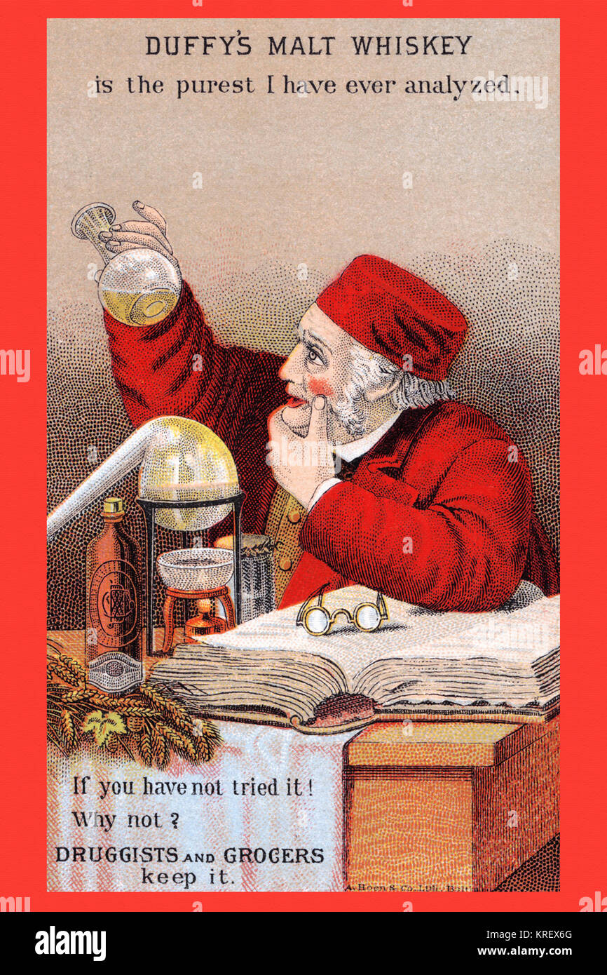 'Victorian Handel Karte für Duffy Malt Whiskey mit einem Chemiker Studium der Drink in einem Labor. "Malz'Duffy Whiskey ist die reinste, die ich jemals analysiert. Wenn Sie es nicht versucht! Warum nicht? Drogisten und Lebensmittelgeschäft halten es.''' Stockfoto