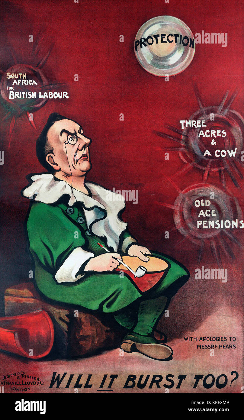 Britische politische Plakat Tarffs, Arbeitsschutz, Gewerkschaften, Protektionismus Stockfoto