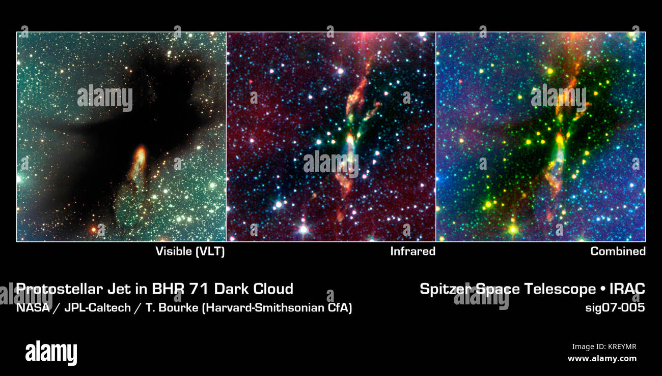 Zwei wilden jungen Sterne zerstören Ihre natal Staubwolke mit starken Strahl Strahlung, in einem infrarotbild von NASA's Spitzer Space Telescope. Die Sterne sind ca. 600 Lichtjahre entfernt in einer kosmischen Wolke BHR 71 entfernt. Im sichtbaren Licht (siehe unten, links), BHR71 ist nur eine große schwarze Struktur. Die gelbe Lampe an der Unterseite der Wolke ist der einzige Hinweis darauf, dass die Sterne bilden innen sein könnten. Im infraroten Licht (siehe unten, rechts), das Baby Sterne sind wie das helle gelbe Flecken in der Mitte angezeigt. Diese beiden gelben Flecken haben rauchfähnchen Gree Stockfoto