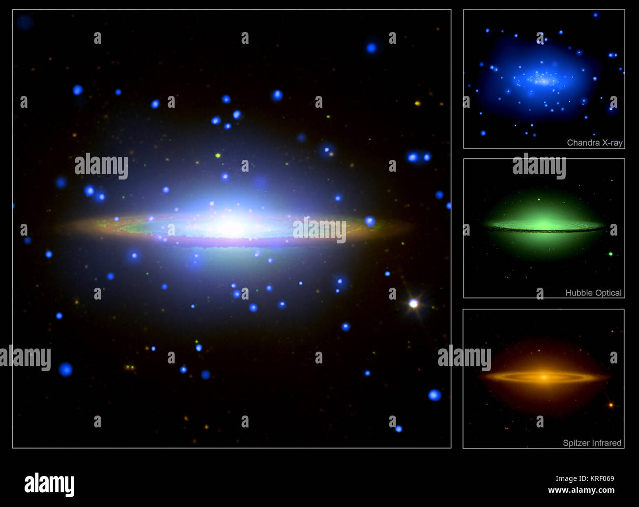 Diese große Observatorien Blick auf den berühmten Sombrero Galaxie wurde mit Chandra, Hubble und Spitzer. Die Abbildung zeigt das kombinierte Bild aus den drei Teleskope, während die eingefügten Bilder der separaten Observatorium Ansichten zeigen. Chandra X-ray Bild (blau) Zeigt heiße Gas der Galaxie und Quellen, die aus einer Mischung von Objekten innerhalb der Galaxien und Quasare im Hintergrund. Optisches Bild von Hubble (grün) zeigt die Wölbung von Starlight teilweise durch eine Felge von Staub, die Hell in Infrarot Spitzers Ansicht leuchtet blockiert. Sombrero Galaxie Stockfoto