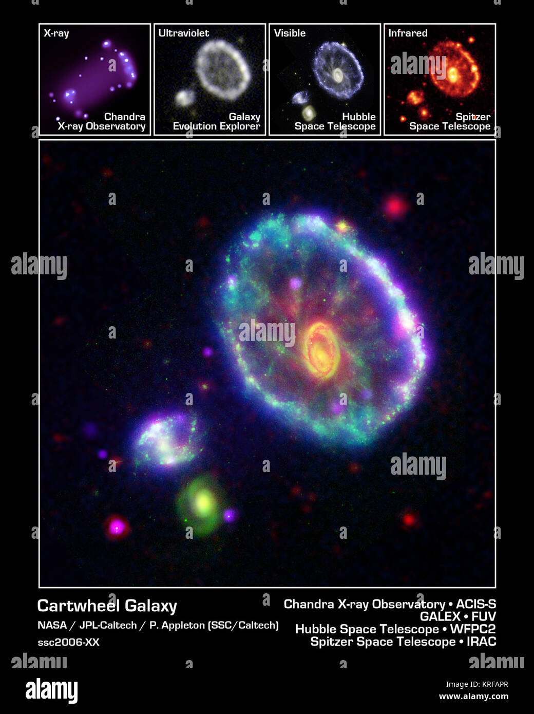 Die Cartwheel Galaxy in mehreren Wellenlängen Stockfoto