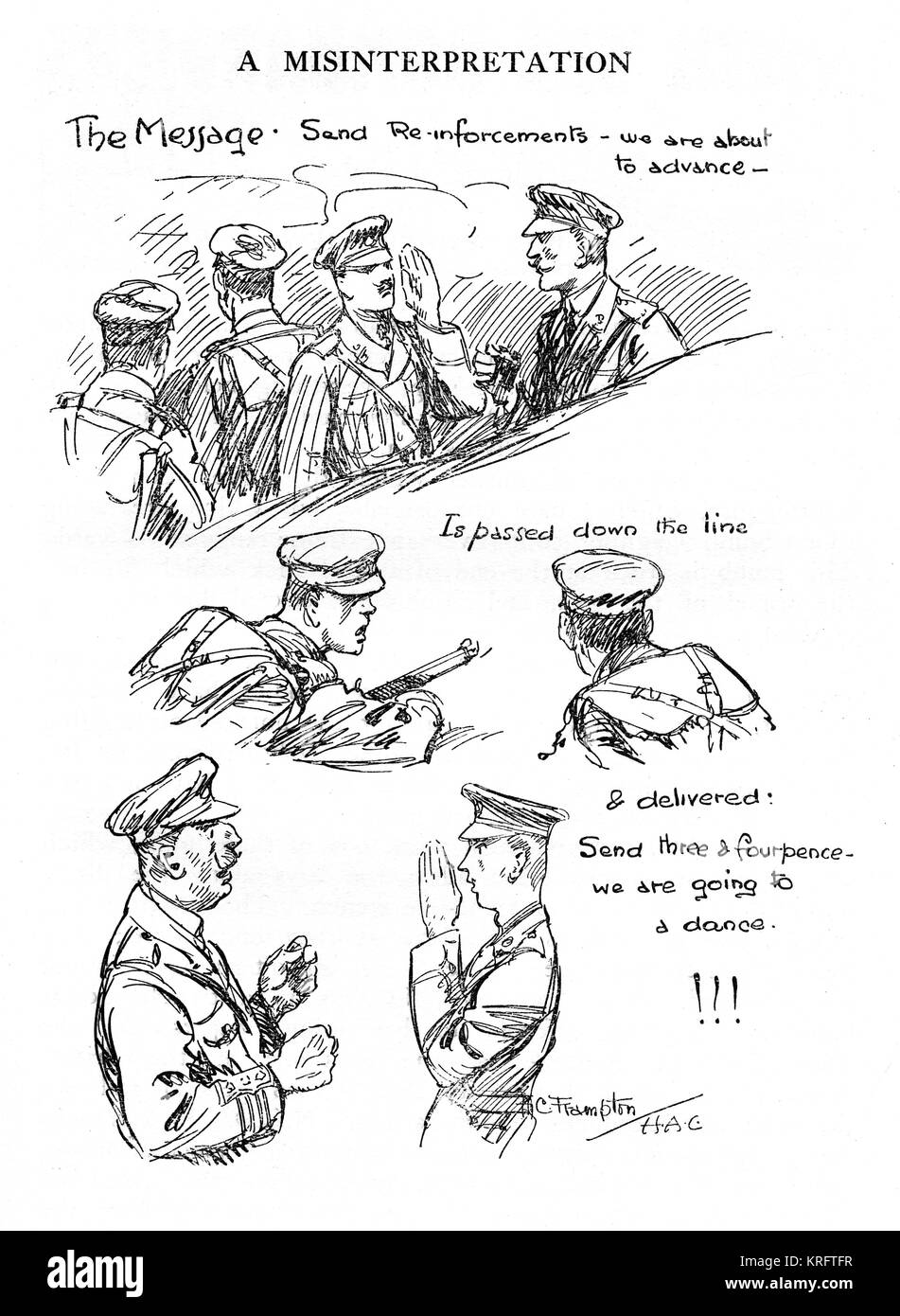 Eine katastrophale Chinesischen flüstert in einem vorderen Linie graben. Eine Botschaft von der edn Verstärkungen - Wir voraus, "Änderungen an, der Ende drei und fourpence - wir zum Tanz gehen." Dieser Witz wurde später durch die beiden Ronnies durchgeführt! Datum: 1916 Stockfoto