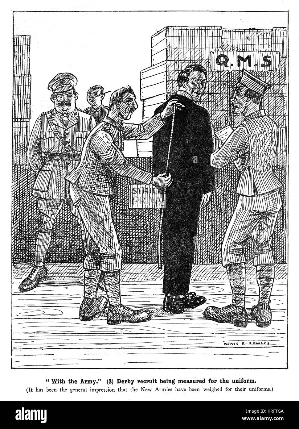 Bei der Armee, Derby-Rekrut gemessen nach Uniform, WW1 Stockfoto