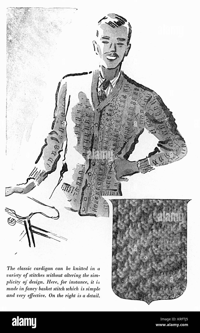 Eine Skizze einer Strickjacke, die einfach aber effektive Nutzung von Korb Masche. Datum: c. 1941 Stockfoto