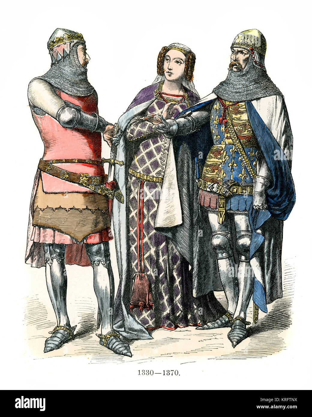 Vintage Gravur der Englische Ritter und Dame des 14. Jahrhunderts Stockfoto