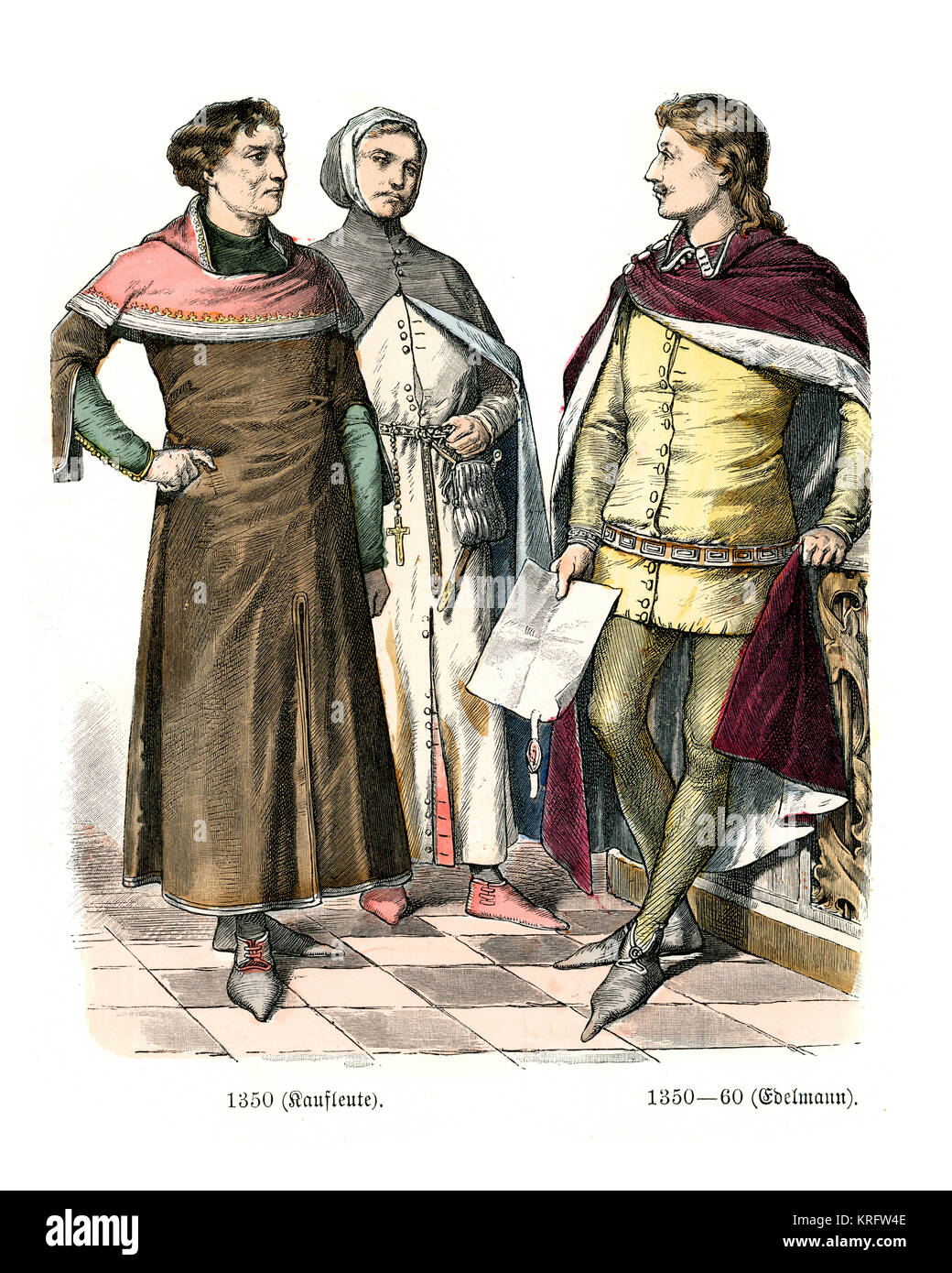 Vintage Gravur des Englischen Mittelalterliche Kleidung, 14. Jahrhundert Stockfoto