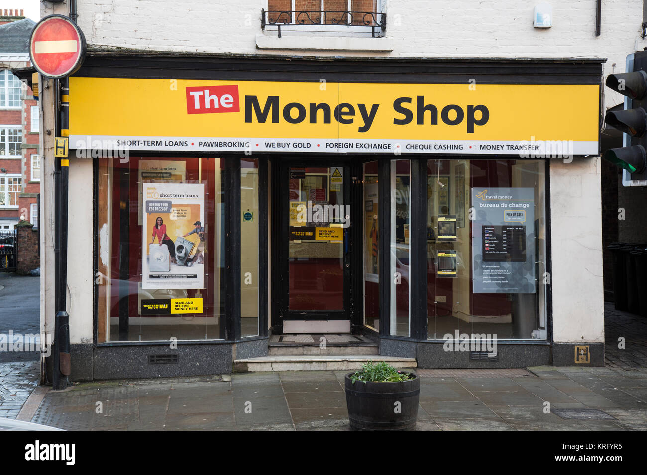 Das Geld Shop in Shrewsbury, England. Kurzfristige Kredite, Pfandleiher, Gold, Devisen, Scheckeinlösung, Geldüberweisungsdienste. Stockfoto