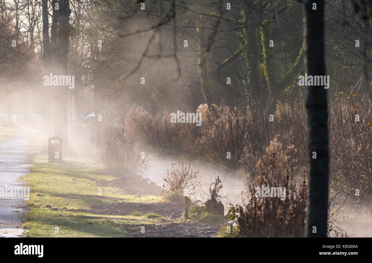 Nebel steigt aus einem Datenstrom wie am Morgen die Sonne wärmt die kalten Wasser, im Winter in Großbritannien. Stockfoto