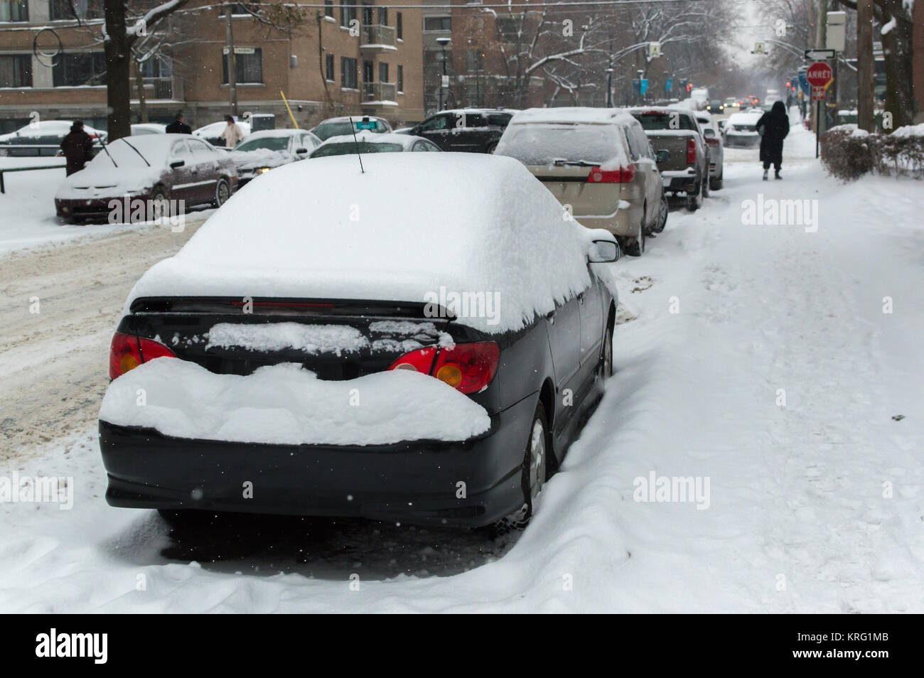 Großen Schneesturm und Blizzard durch Quebec schlagen, Anhäufung von Schnee bis gegen geparkte Autos entlang der Straße. Stockfoto