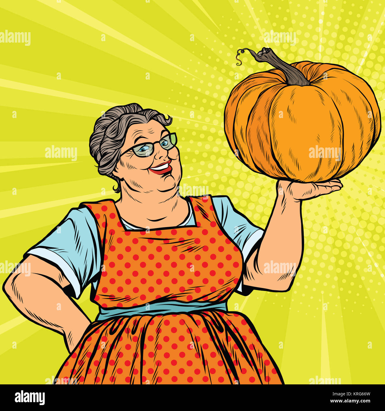 Fröhliche Großmutter mit Kürbis zum Erntedankfest Stockfoto