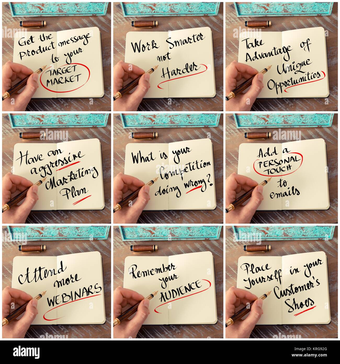 Photo Collage von handschriftlichen Business motivierende Nachrichten Stockfoto