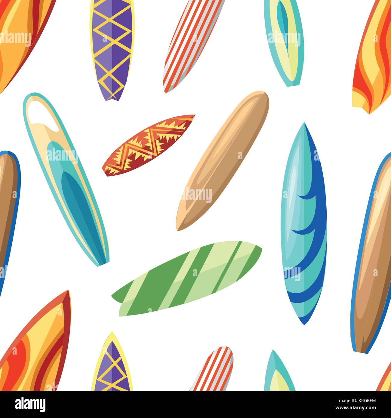 Nahtlose Muster mit unterschiedlichen bunten Surfbrettern Cartoon Stil Vector Illustration auf weißem Hintergrund Webseite und mobile App Design. Stock Vektor