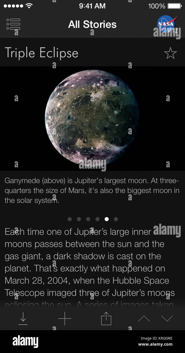 NASAViz Geschichte Der dreifache Eclipse auf dem iPhone Download/Video ansehen: http://svs.gsfc.nasa.gov/vis/a010000/a011300/a011346/index.html NASA Visualisierung Explorer jetzt verfügbar für alle iOS-Geräte der beliebten NASA Visualisierung Explorer App für das iPad im Juli 2011 gestartet wurde, ist nun für das iPhone und alle Geräte mit iOS 5.1 + eine neue universelle Version der App zur Verfügung steht jetzt zum Download im iTunes App Store erhältlich. Klicken Sie hier: Http://svs.gsfc.nasa.gov/nasaviz/ auf die App die App, die mit der Visualisierung von Daten Arbeit der NASA-wissenschaftliche Visualisierung St herunterladen Stockfoto