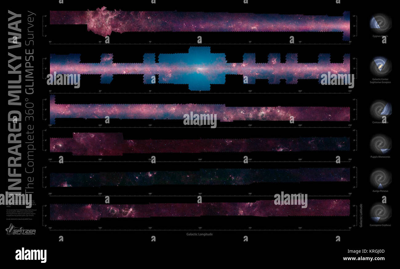 Wenn Sie sich in der Milchstraße auf eine klare, dunkle Nacht, sehen Sie ein Band von hellen Sternen wölbt Overhead. Dies ist die Ebene unserer Wohnung spiralgalaxie, in dem unser Sonnensystem liegt. Eine neue, zoombare Panorama von NASA's Spitzer Space Telescope zeigt uns Ebene unserer Galaxie alle die Art und Weise, um uns im infraroten Licht. Die 360-Mosaik kommt vor allem aus dem Blick 360 Projekt, die für galaktische Legacy Infrared Mid-Plane Survey Extraordinaire steht. Es besteht aus mehr als 2 Millionen Snapshots im infraroten Licht über 10 Jahre, Anfang 2003, als Spitzer ins Leben gerufen. Die Milchstraße Stockfoto