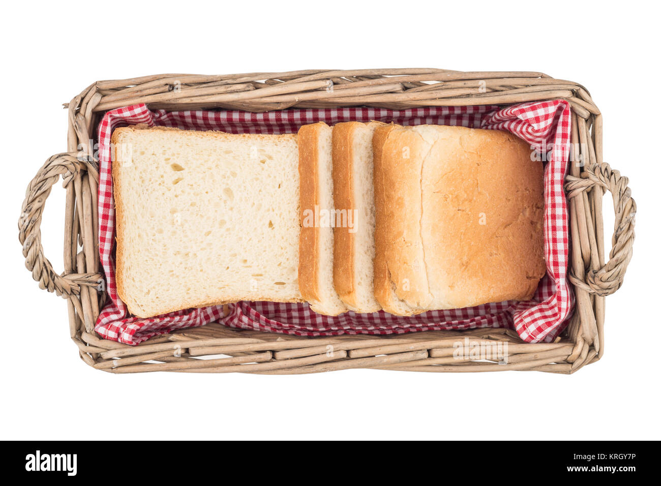 Weißes Brot im Korb. Scheibe. Auf weissem Hintergrund Stockfoto