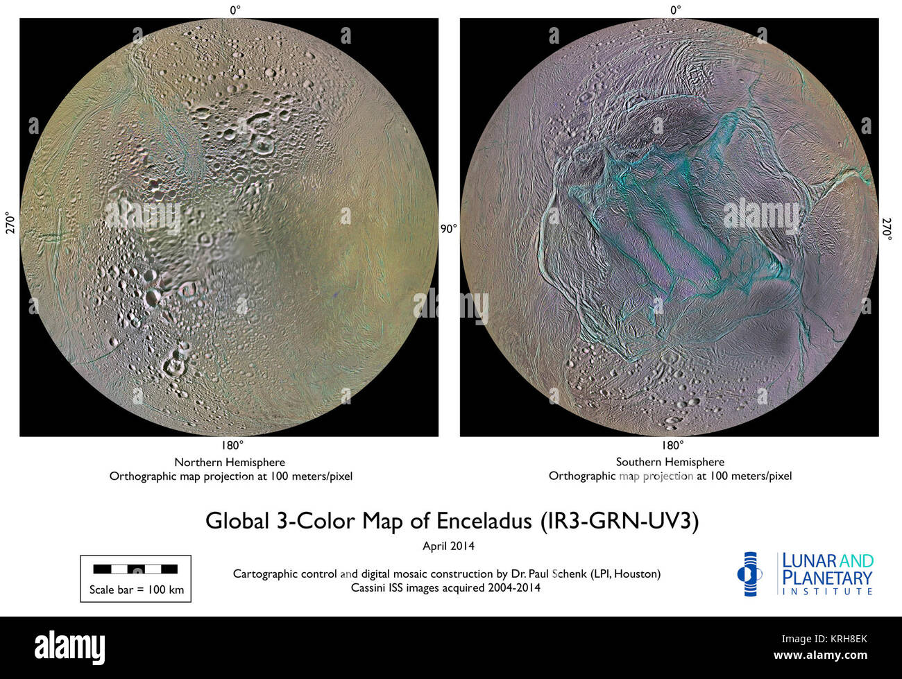 Farbe polar Karten von Enceladus PIA 18435 Nov. 2014 Stockfoto