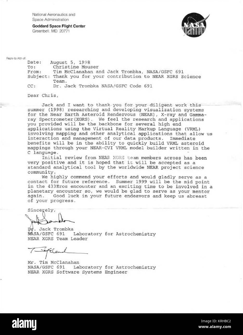 In der Nähe der NASA-XGRS software engineering Commendation Stockfoto