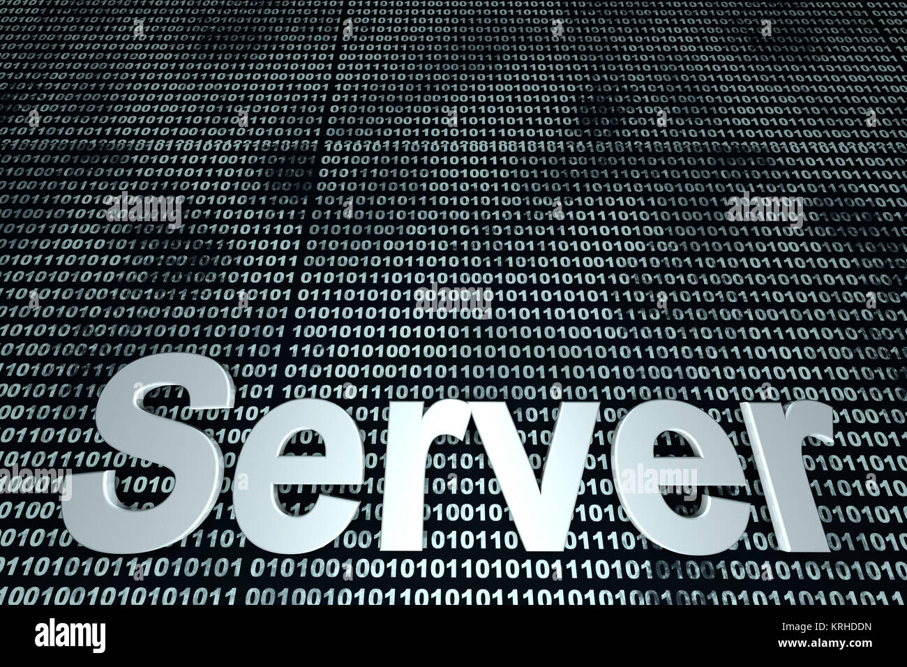 Das Wort Server vor einem binären Hintergrund symbolisiert den digitalen Code der Software. Stockfoto