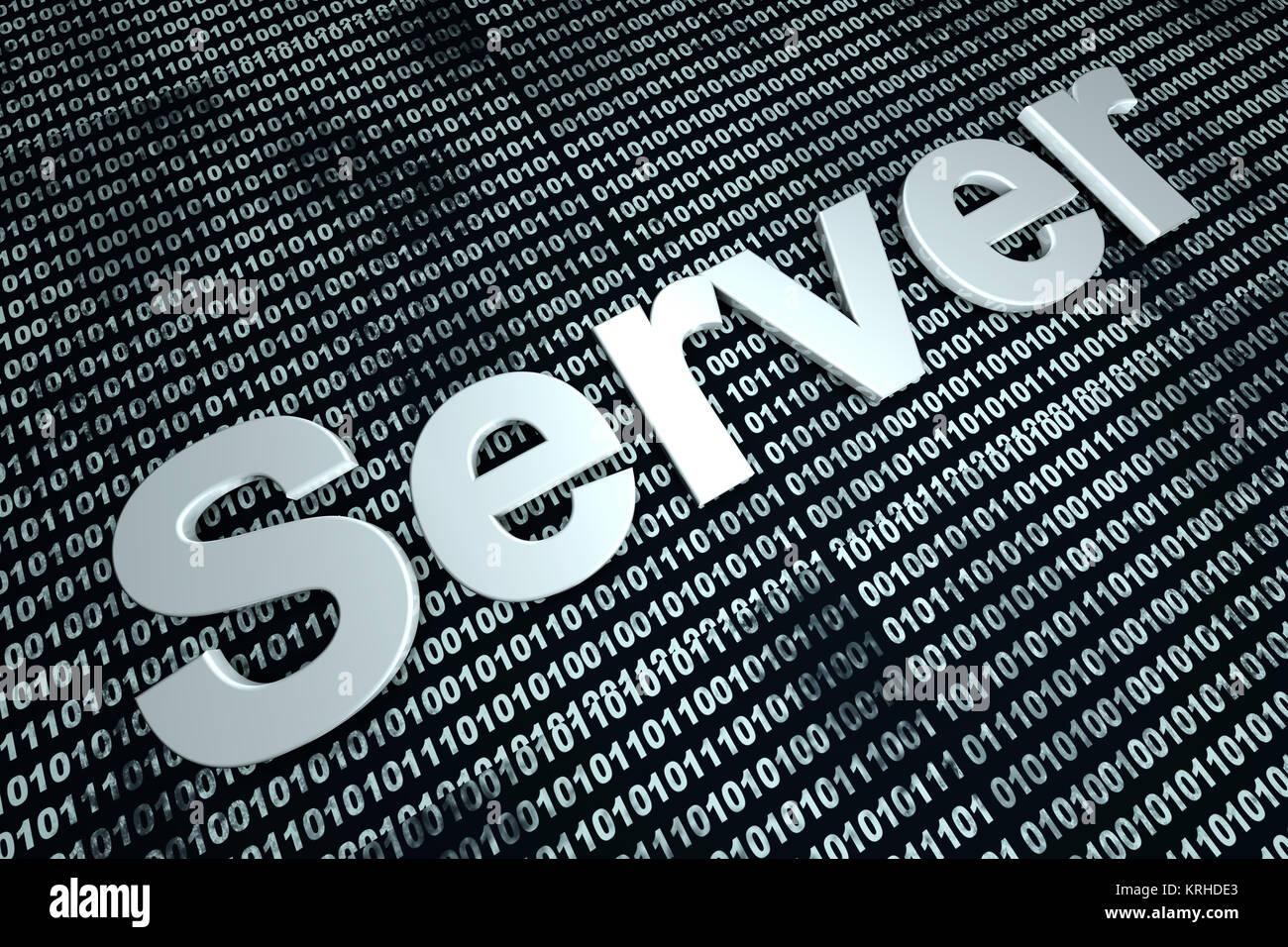 Das Wort Server vor einem binären Hintergrund symbolisiert den digitalen Code der Software. Stockfoto