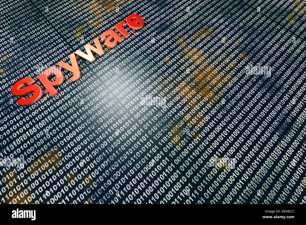 Spyware im Code. Typografie vor digitale, binäre Hintergrund. Stockfoto