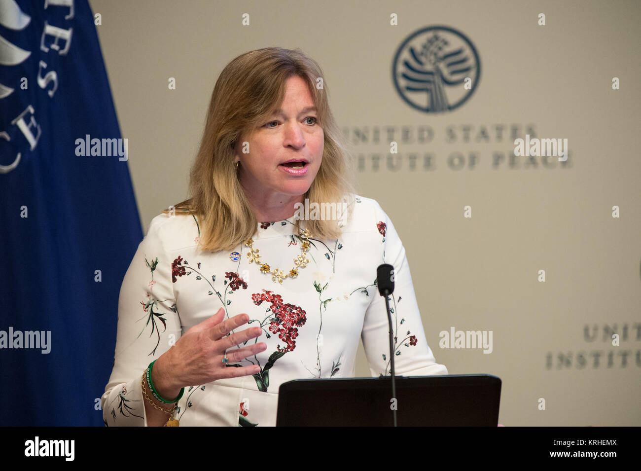 Dr. Ellen Stofan, Chief Scientist, NASA, demonstriert die Arten von Informationen, die die Erde Exchange globalen täglichen Herunterskaliert Projektionen (NEX-GDDP) Dataset wird am Dienstag, 9. Juni 2015 zu den Entwicklungsländern dabei helfen, ihre Klima Belastbarkeit voraus an der US-amerikanischen Institut für Frieden in Washington, DC. Als Teil der internationalen öffentlich-private Partnerschaft zu stärken Climate-Resilient Entwicklungsländer, NASA veröffentlicht Die neue NEX-gddp Dataset, das tägliche herunterskaliert Klima Modell Ausgänge für jedes Land der Welt. Photo Credit: (NASA/Aubrey Gemignani) Ellen Stofan, Chief Forscher Stockfoto