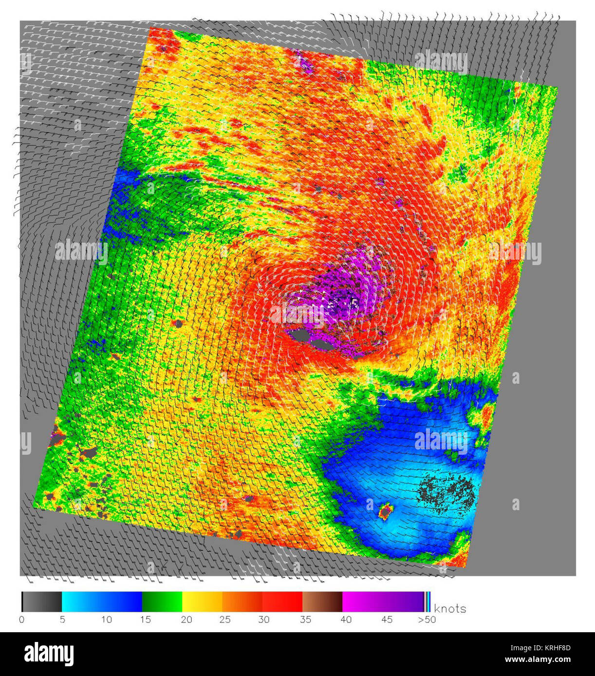 Die SeaWinds scatterometer an Bord der NASA-Satelliten QuikScat gesammelten Daten verwendet, die das farbenfrohe Bild der Zyklon Olaf Buttern im Südpazifik am 16. Februar 2005 zu erstellen. Die farbigen Hintergrund zeigt die oberflächennahen Windgeschwindigkeiten von 2,5-km-Auflösung. Die stärksten Winde, in Purpurrot angezeigt, sind in der Mitte des Sturms, mit schrittweise Schwächung Winde bilden Ringe rund um das Zentrum. Die schwarze Widerhaken an, Windgeschwindigkeit und -richtung an der QuikScat nominal, 25 Kilometer Auflösung; weiße Stacheln zeigen Bereiche des schweren Regens. Hintergrund Die NASA QuikScat Quick Scatterometer (QuikSc Stockfoto
