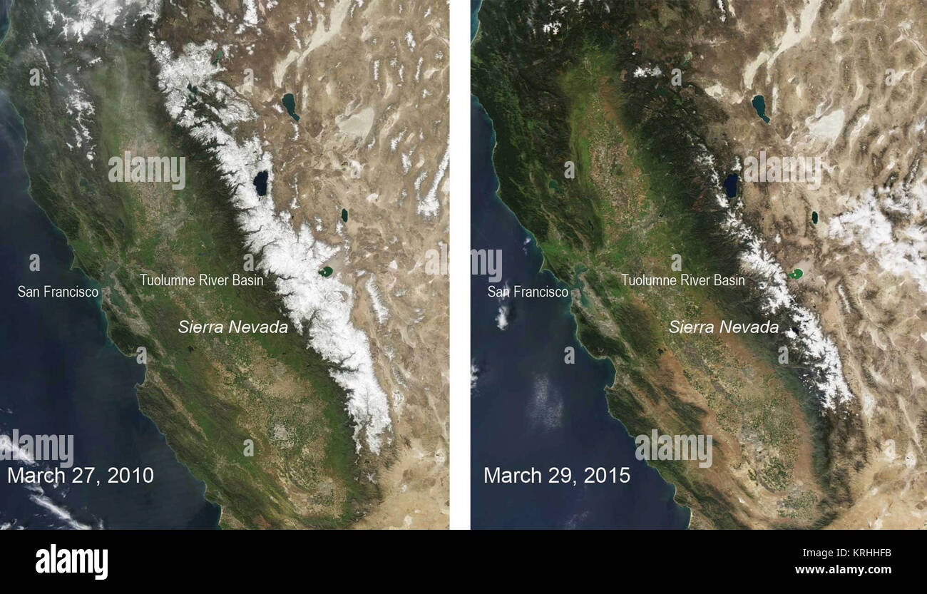 In Kalifornien und anderen Staaten, Schneefall ist kritisch zu frischem Wasser versorgt. In den meist trockenen Klima westlich der Rocky Mountains, Schneedecke legte sich auf die Sierra - Nevada Gebirgsstrecke - schneedecke - Vergleich - Web-Qualität Stockfoto