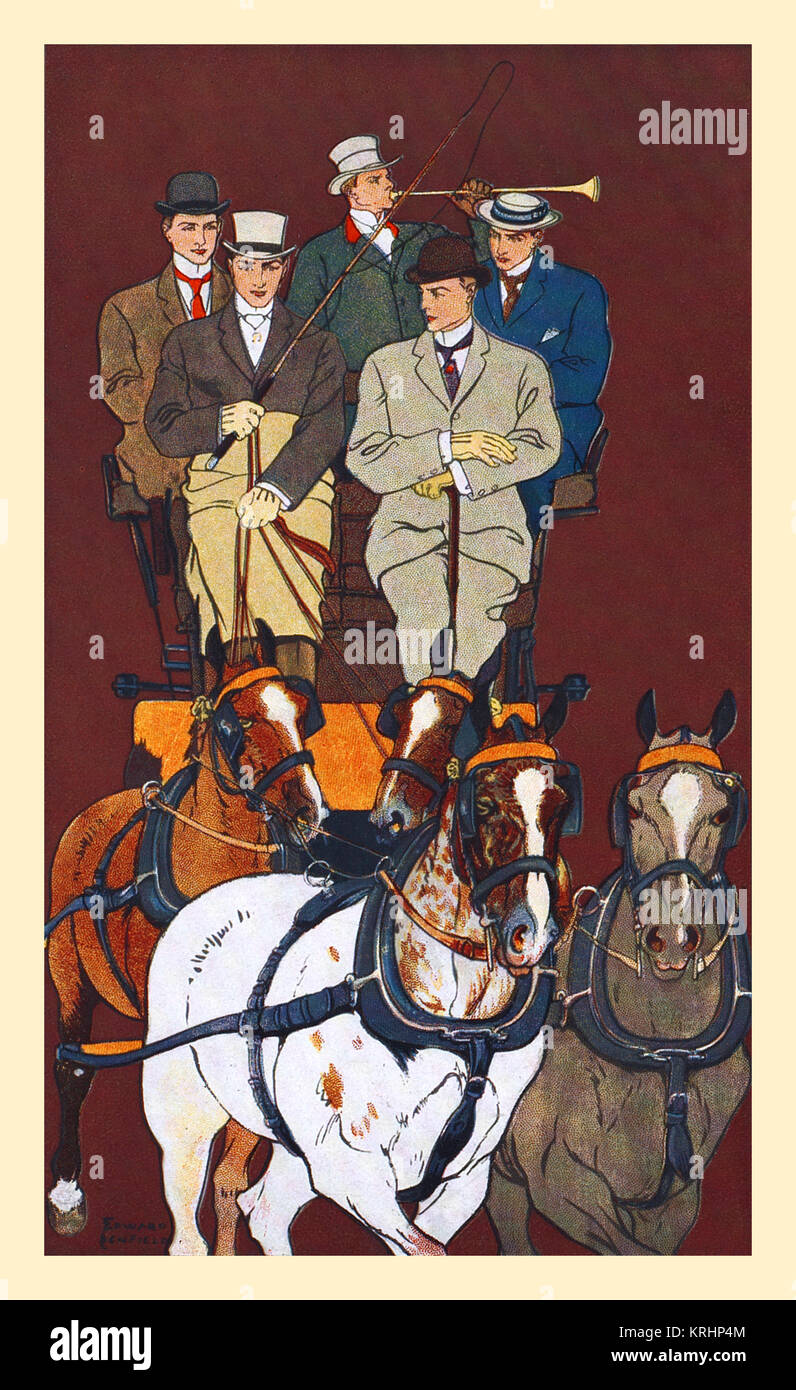 Fünf Männer Fahrten in einer Kutsche mit vier Pferden gezogen wird. Ein Mann bläst ein Horn und anderen hält eine Peitsche. Stockfoto
