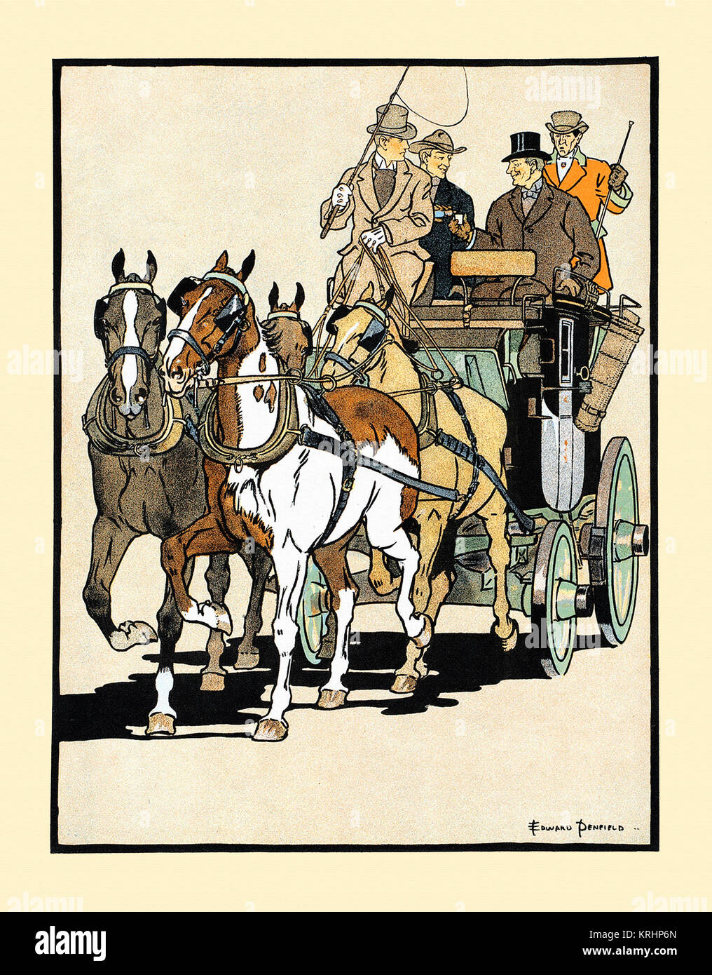 Vier Männer sind Reiten auf einem Schlitten von vier Pferden gezogen wird. Ein Mann ist das Gießen ein anderer Mann ein Getränk. Stockfoto