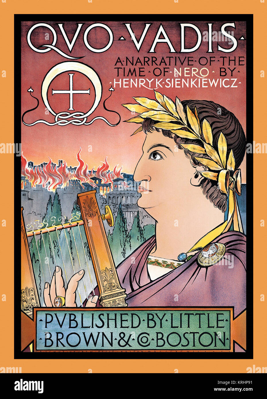 Nero spielt eine Lyra, während Rom brennt in den Hintergrund. Stockfoto