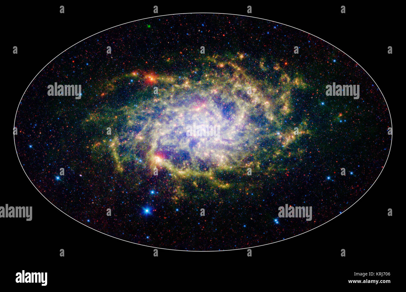Einer unserer nächsten Galaktischen Nachbarn zeigt seine atemberaubende Schönheit in diesem neuen Bild von NASA's Spitzer Space Telescope. M33, auch als des Dreiecksnebels bekannt, ist ein Mitglied der so genannten Lokalen Gruppe von Galaxien bekannt. Zusammen mit unserer eigenen Milchstraße, dieser Gruppe reist zusammen im Universum, wie sie gravitativ gebunden sind. In der Tat, M33 ist eine der wenigen Galaxien, die sich auf die Milchstraße bewegen trotz der Tatsache, dass der Raum selbst erweitert, wodurch die meisten Galaxien im Universum weiter und weiter auseinander zu wachsen ist. Mit Infrarotbeleuchtung Spitzer's Augen gesehen, dieses elegante Spirale galax Stockfoto