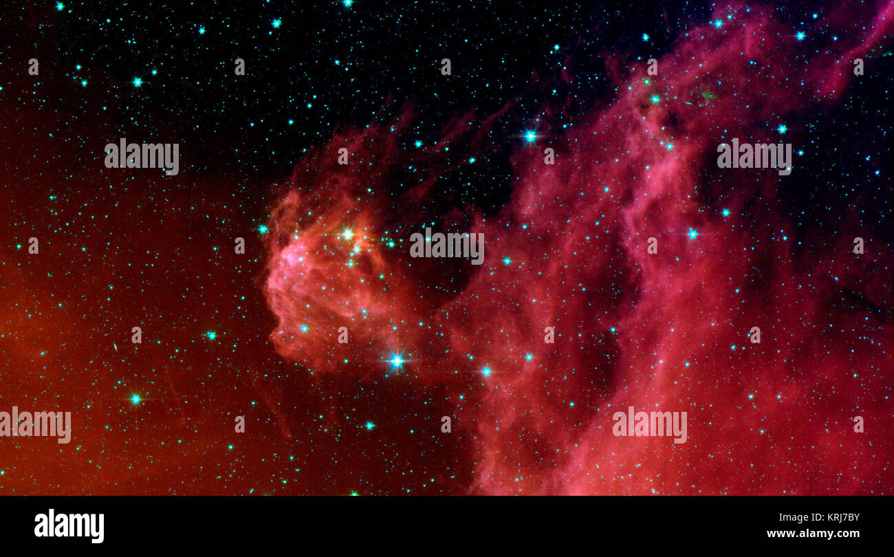 Dieses Bild von NASA's Spitzer Space Telescope zeigt Schlüpfen jungen Sternen'' im Kopf des Jägers Sternbild Orion. Die Astronomen vermuten, dass Schockwellen aus einer Supernova Explosion in Orion's Kopf, fast drei Millionen Jahren, dieses neuentdeckte Geburt eingeleitet haben. Die Region in dieser Spitzer Bild empfohlene ist Barnard 30 genannt. Es befindet sich etwa 1.300 Lichtjahre entfernt und befindet sich auf der rechten Seite des Orion's Kopf, nördlich von der massiven Sterne Lambda Orionis. Fetzen von rot in der Cloud sind organische Moleküle, sogenannter "polyzyklische aromatische Kohlenwasserstoffe (PAK). Pak sind eine gebildet Stockfoto