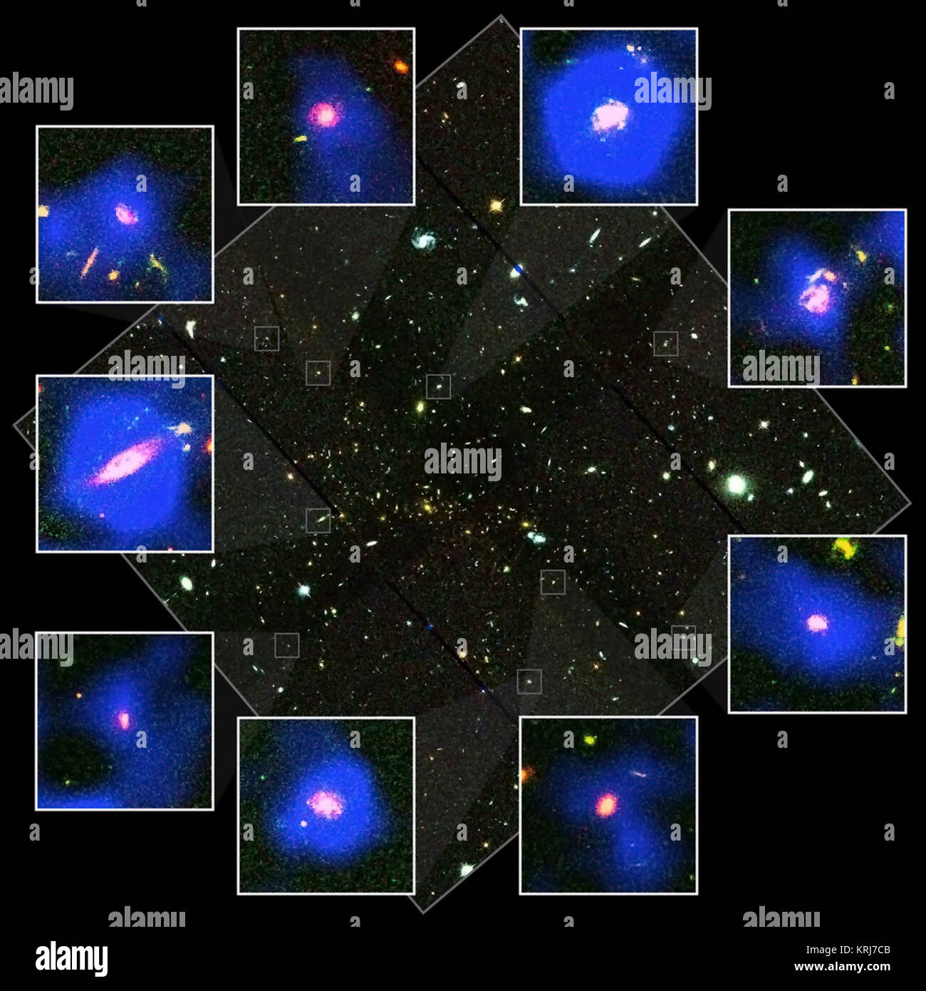 Eine Hubble Space Telescope Snapshot von Galaxienhaufen MS 1054 ist in der Mitte des Bildes, mit einzelnen Galaxien durch das Spitzer Space Telescope beschmutzt werden an der Seite in die markierten Bilder. Fetzen von Blau zeigen Infrarot-Emission bei der Entstehung von Sternen. Collage von Hubble und Spitzer Bilder von Galaxienhaufen MS 1054 Stockfoto