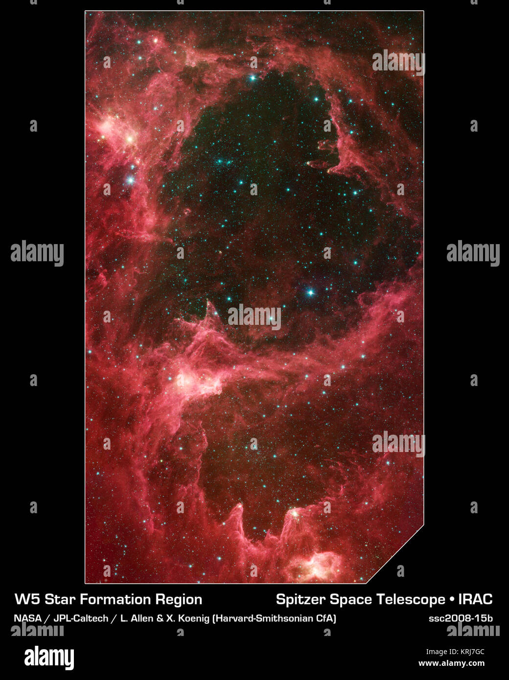 Generationen von Sternen können in diesem neuen Infrarot Portrait von NASA's Spitzer Space Telescope gesehen werden. In diesem wispy Sternentstehungsregion, genannt W5, die ältesten Sterne als blaue Punkte, die in den Zentren der beiden Hohlräume (andere blaue Punkte sind Hintergrund und Vordergrund Sterne nicht mit der Region verbundenen gesehen werden kann). Jüngere stars Line die Felgen der Kavitäten, und einige können als Punkte an den Spitzen der Elefant-trunk-wie Säulen gesehen werden. Die weißen knotty Bereiche sind, in denen die jüngsten Sterne bilden. W5 erstreckt sich über eine Fläche von Sky gleichwertig mit vier vollen Monde und ist rund 6.500 Lichtjahre entfernten Stockfoto