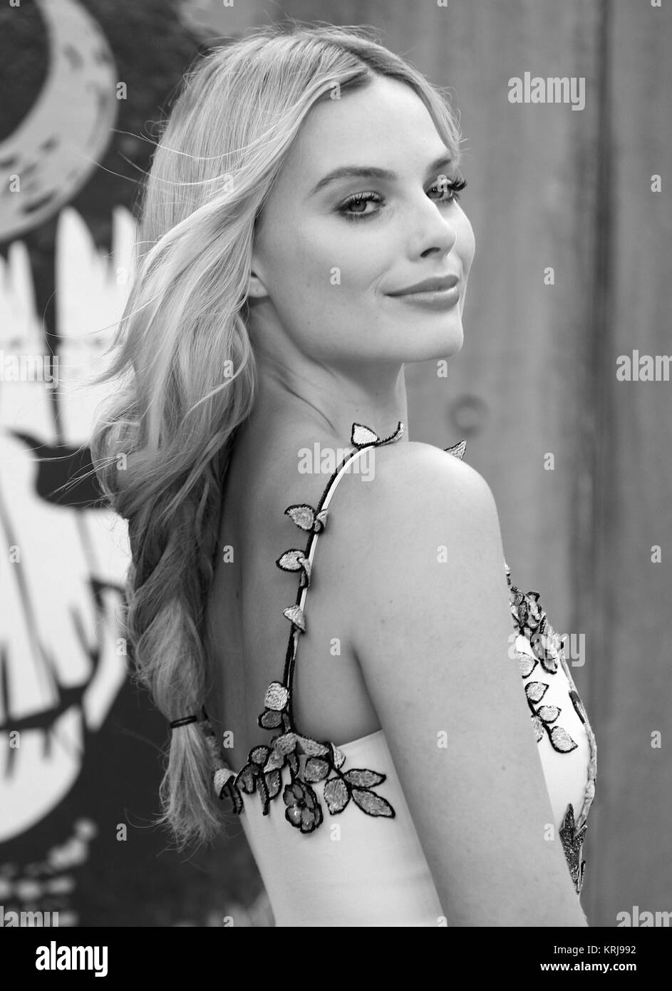 LONDON - 03.August 2016: (Bild digital geändert werden monochrom) Margot Robbie besucht die Suicide Squad Film Premiere am 03.August in London 2016 Stockfoto