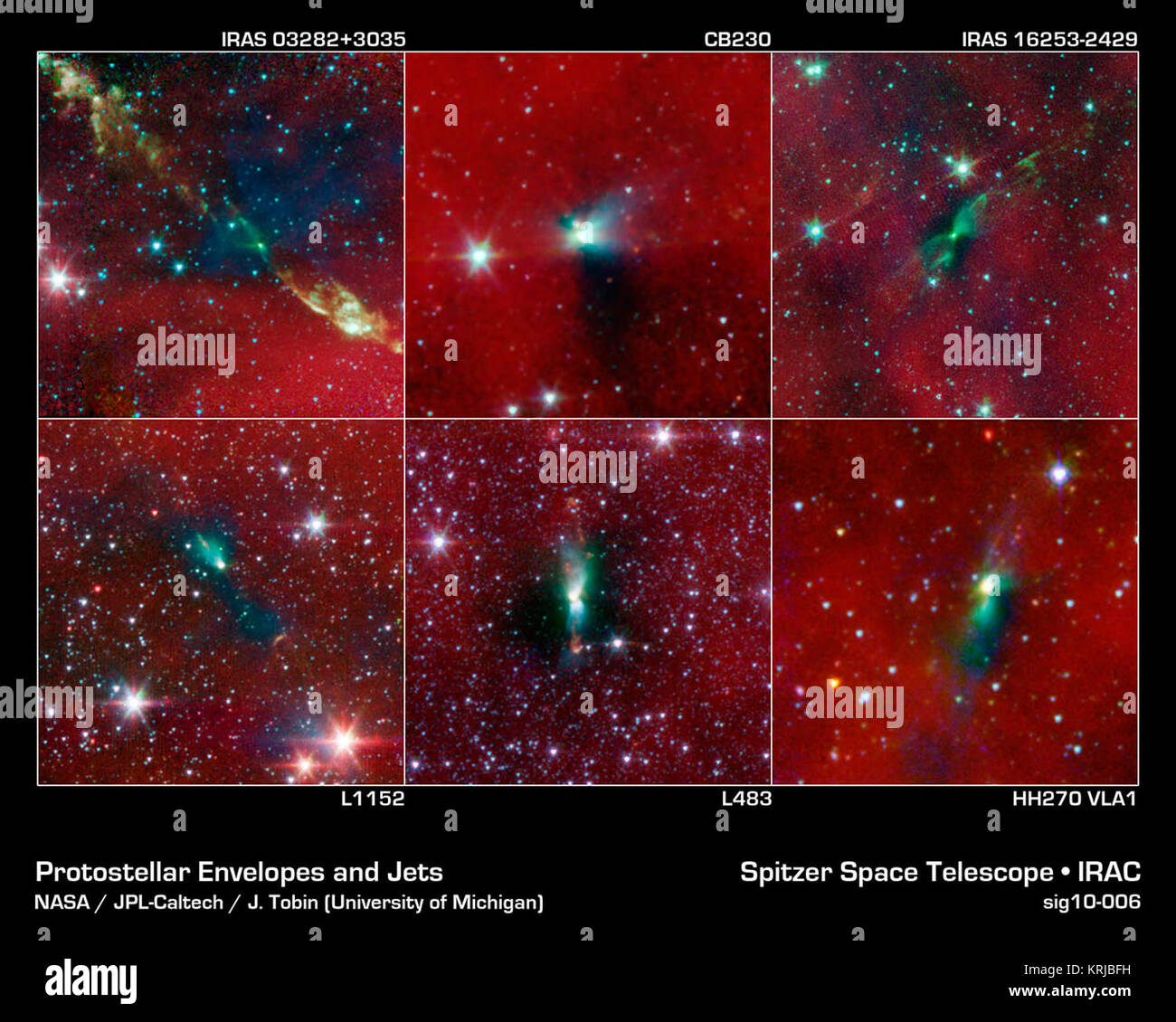 Neuer Beweis von NASA's Spitzer Space Telescope zeigt, dass dichtes Twin Stars ausgelöst werden kann durch asymmetrische Umschläge, wie in diesem Bild gezeigt. Alle Sterne, sogar einzelne, wie unsere Sonne, sind bekannt aus zerfallenden Klumpen von Gas und Staub zu bilden, die so genannte briefumschlägen, die hier sind um sechs Sterne bilden Systeme als dunkle Flecken oder Schatten gesehen, gegen eine staubige Hintergrund. Die grünliche Farbe zeigt Jets vom Umschläge kommen. Die Umschläge sind alle ungefähr 100 mal der Größe unseres Sonnensystems. Zwei der sechs Sterne Systeme bekannt sind bereits zwei sich gebildet zu haben, Stockfoto