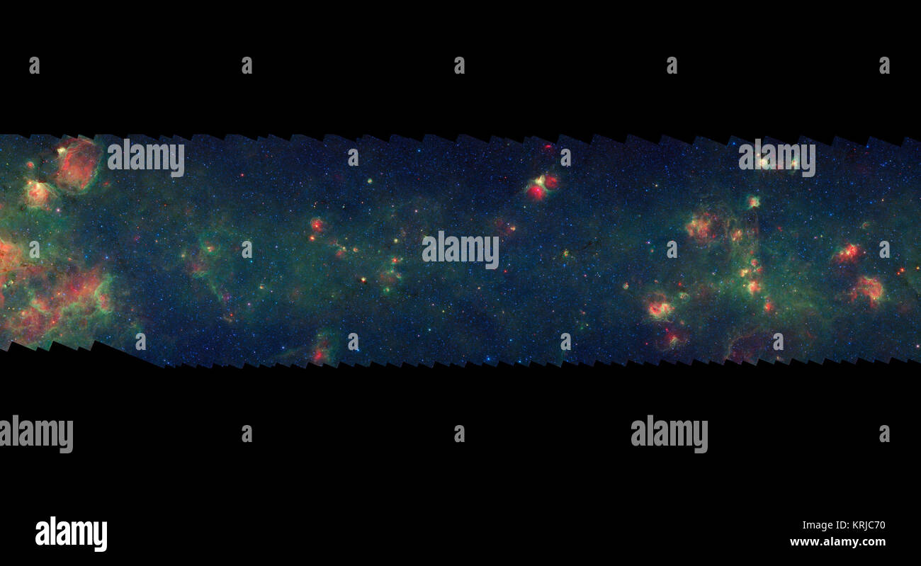 Dies ist ein Segment von Ir-Porträt von Staub und Sterne im Inneren Milchstraße strahlen. Mehr als 800.000 Bilder von NASA's Spitzer Space Telescope wurden zusammen genäht das vollständige Bild zu schaffen, mehr als 50 Prozent der gesamten Galaxie. Als Bewohner eines galaktischen Scheibe, Erde und Sonnensystem haben einen Vorsprung auf Ihrer Heimatgalaxie, wie das Betrachten einer Petrischale aus der Kante. Aus unserer Sicht sind die meisten der Galaxie in einem verschwommenen schmale Band des Lichts, die vollständig um den Himmel erstreckt sich verdichtet, auch als die galaktische Ebene bekannt. Dieses Segment erweitert Stockfoto