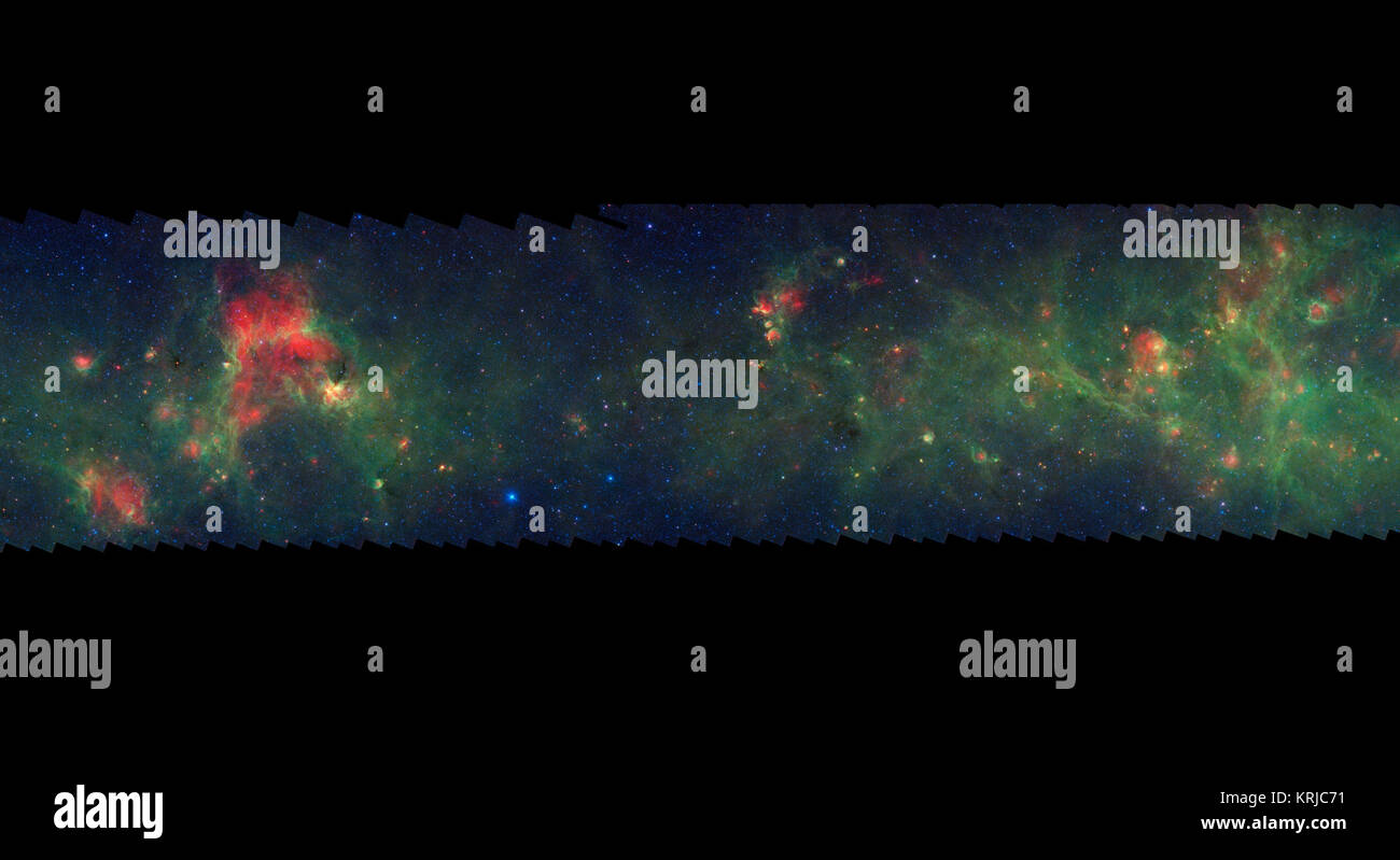Dies ist ein Segment von Ir-Porträt von Staub und Sterne im Inneren Milchstraße strahlen. Mehr als 800.000 Bilder von NASA's Spitzer Space Telescope wurden zusammen genäht das vollständige Bild zu schaffen, mehr als 50 Prozent der gesamten Galaxie. Als Bewohner eines galaktischen Scheibe, Erde und Sonnensystem haben einen Vorsprung auf Ihrer Heimatgalaxie, wie das Betrachten einer Petrischale aus der Kante. Aus unserer Sicht sind die meisten der Galaxie in einem verschwommenen schmale Band des Lichts, die vollständig um den Himmel erstreckt sich verdichtet, auch als die galaktische Ebene bekannt. Dieses Segment erweitert Stockfoto