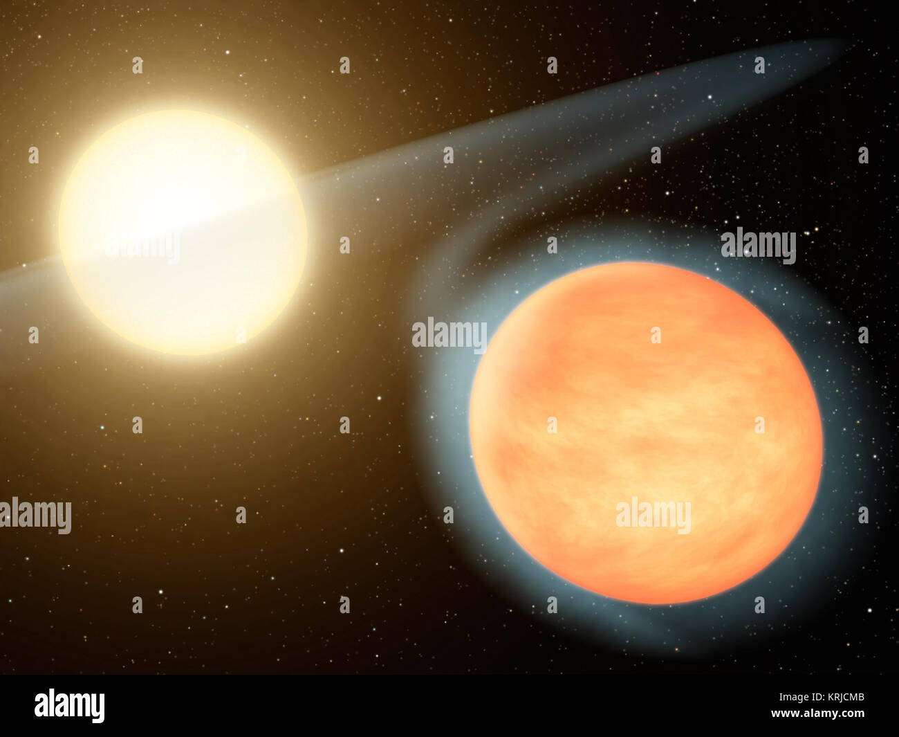 Dieses Konzept zeigt die sengenden - heißes Gas Planeten WASP-12 b (orange orb) und seine Sterne. NASA's Spitzer Space Telescope entdeckt, dass der Planet hat mehr Kohlenstoff als Sauerstoff und ist damit die erste CO2-reichen Planet je beobachtet. Unser Planet Erde hat relativ geringe Mengen von Kohlenstoff - es ist weitgehend von Sauerstoff und Silizium. Anderen Gasplaneten in unserem Sonnensystem, Jupiter, wird erwartet, dass sie weniger CO2 als Sauerstoff zu haben, aber das ist nicht bekannt. Im Gegensatz zu WASP-12 b, diese Planeten Hafen Wasser, die wichtigste Sauerstoffträger, tief in ihren Atmosphären, in denen es schwierig ist zu messen. Conce Stockfoto