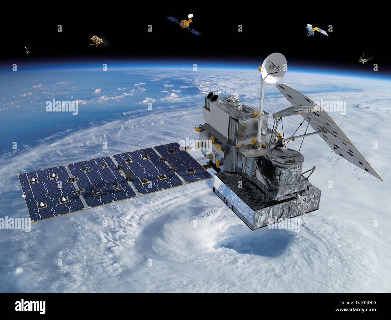 Visualisierung der GPM Core Informationsstelle Satelliten orbitting den Planeten Erde. Credit: Britt Griswold Die globale Niederschlagsmessung (GPM) Mission ist eine internationale Partnerschaft Co - geführt von der NASA und der Japan Aerospace Exploration Agency (JAXA), next-generation globale Beobachtungen der Niederschlag aus dem Weltraum. GPM wird die globale Regen, Schnee und Eis besser unser Klima und Wetter verstehen lernen und hydrometeorologischen Prozesse. Ab November 2013 der GPM Core Observatorium befindet sich in der Endphase der Prüfung NASA Goddard Space Flight Center. Der Satellit wird Fl Stockfoto