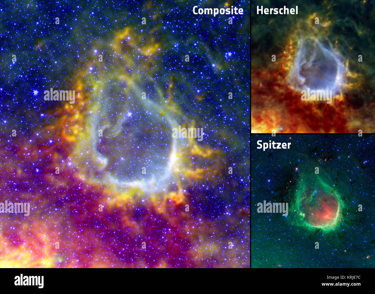 Diese drei Panel Bild zeigt ein Verbund von RCW120 mit Daten von Herschel Space Observatory und Spitzer Space Telescope. In das zusammengesetzte Bild Rot und Gelb zeigen Kühle Staub, gesehen von Herschel. Blaueren Farben zeigen wärmer Staub erkannt, die von Spitzer, als auch Sterne, die entweder vor oder hinter dem Ring. Die Kartenausschnitte zeigen die einzelnen Bilder aus den beiden Satelliten. Ringe von Infrarot Collage Stockfoto