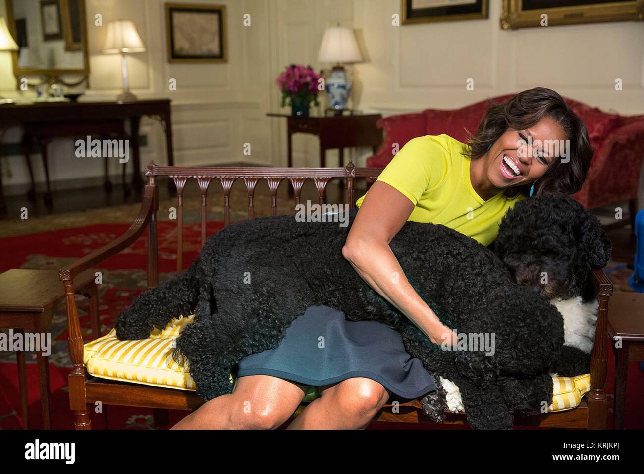 First Lady der USA Michelle Obama umarmt Familie Hunde Sunny (links) und Bo im Weißen Haus Karte Zimmer 14. April 2014 in Washington, DC. Stockfoto
