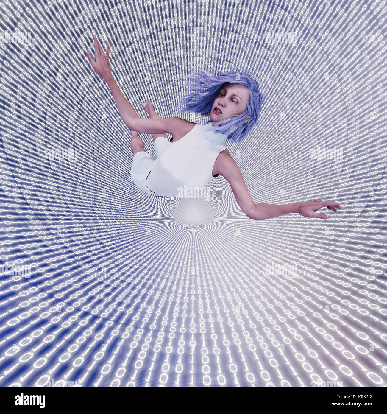 Frau floating in binären Code vortex Stockfoto