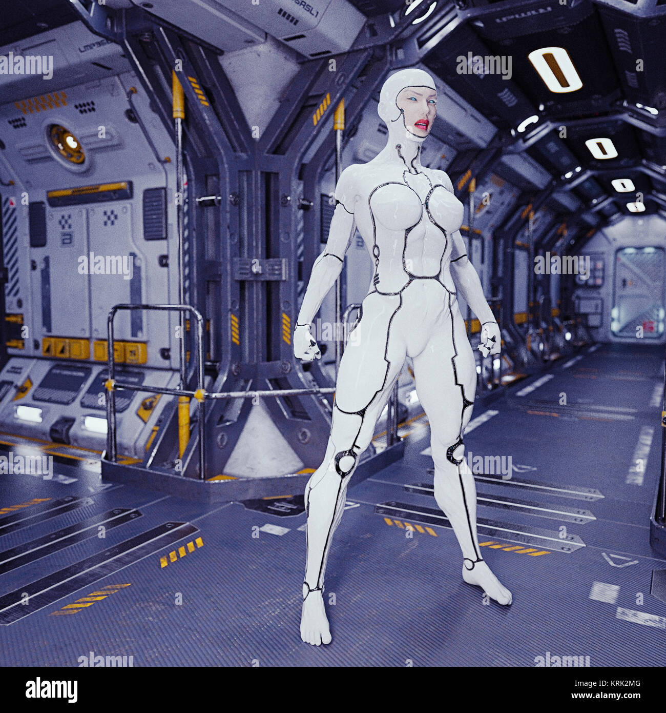 Heftige weiblichen Cyborg auf Raumschiff Stockfoto