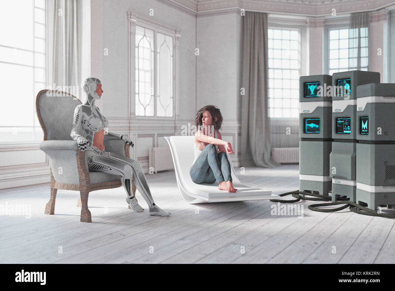 Cyborg und der Frau sprechen in der Nähe von Computern Stockfoto