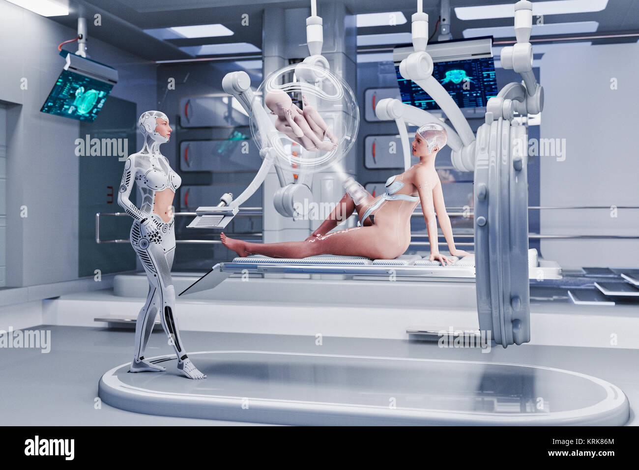 Futuristische Krankenschwestern die werdende Mutter Stockfoto